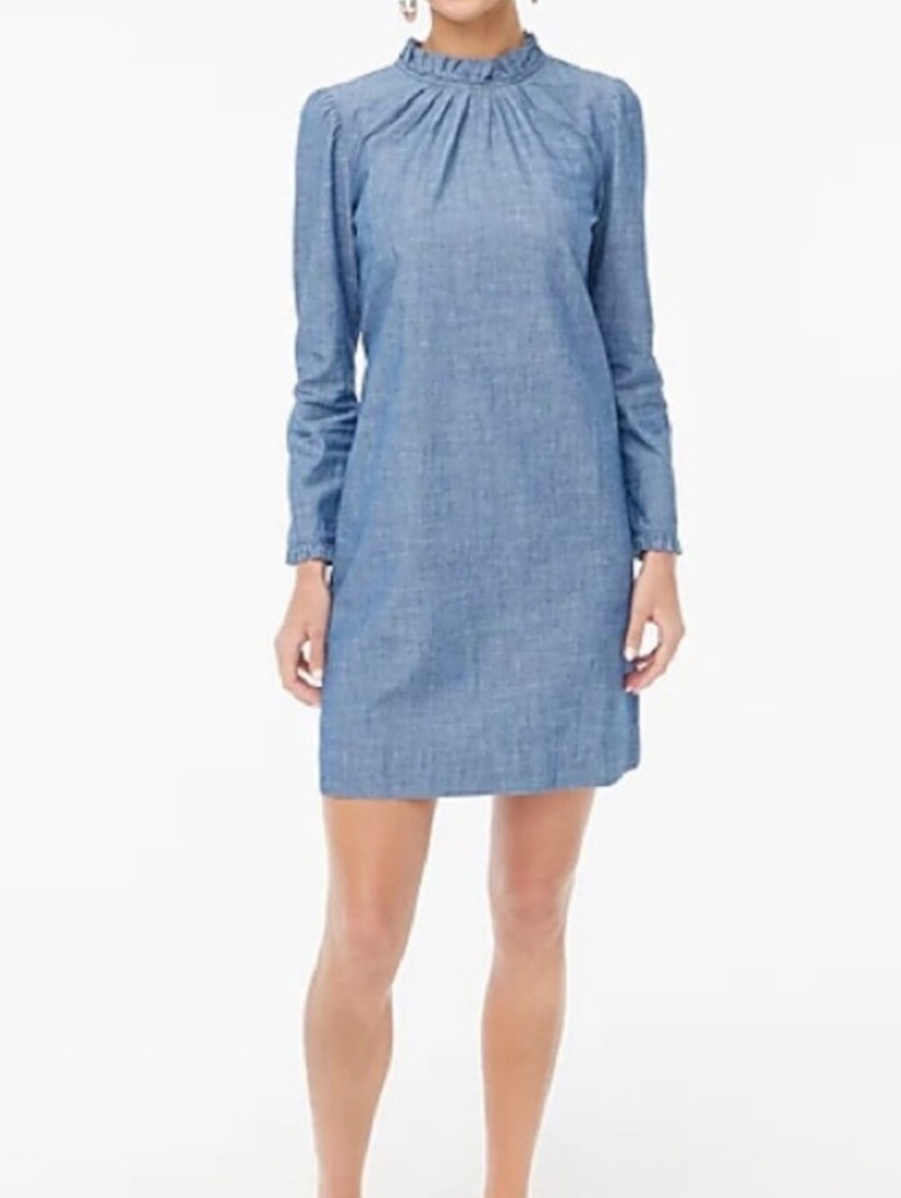 Women's Blue Chambray Ruffle-Neck Dress